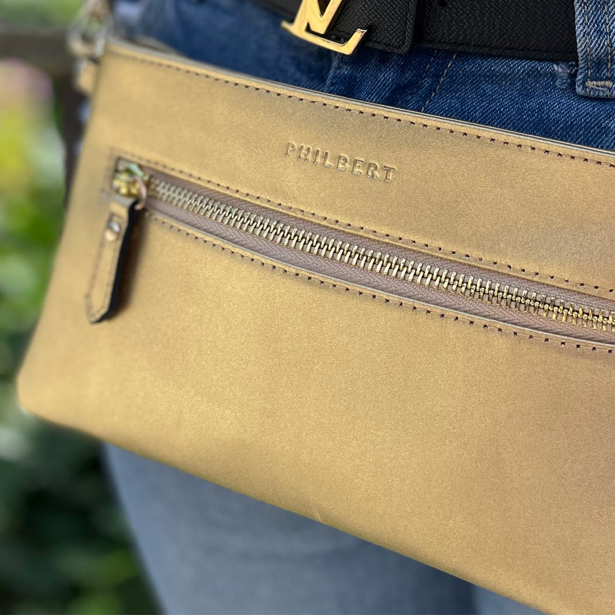 5 in 1 Phone Bag made of genuine leather - Gold