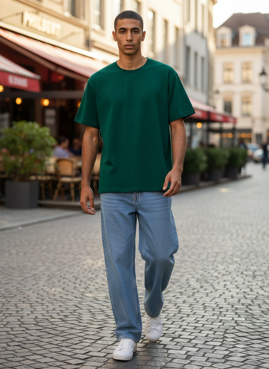 Oversized T-Shirt with Strawberry Plant Blended into the Material - Dark Green