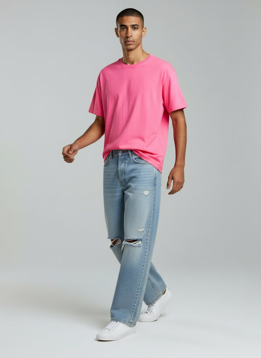 Oversized T-shirt med jordbærplante blendet ind i materialet - Pink