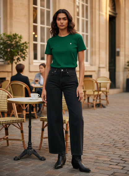 Slim Fit T-Shirt with Strawberry Plant Blended into the Material - Drak Green